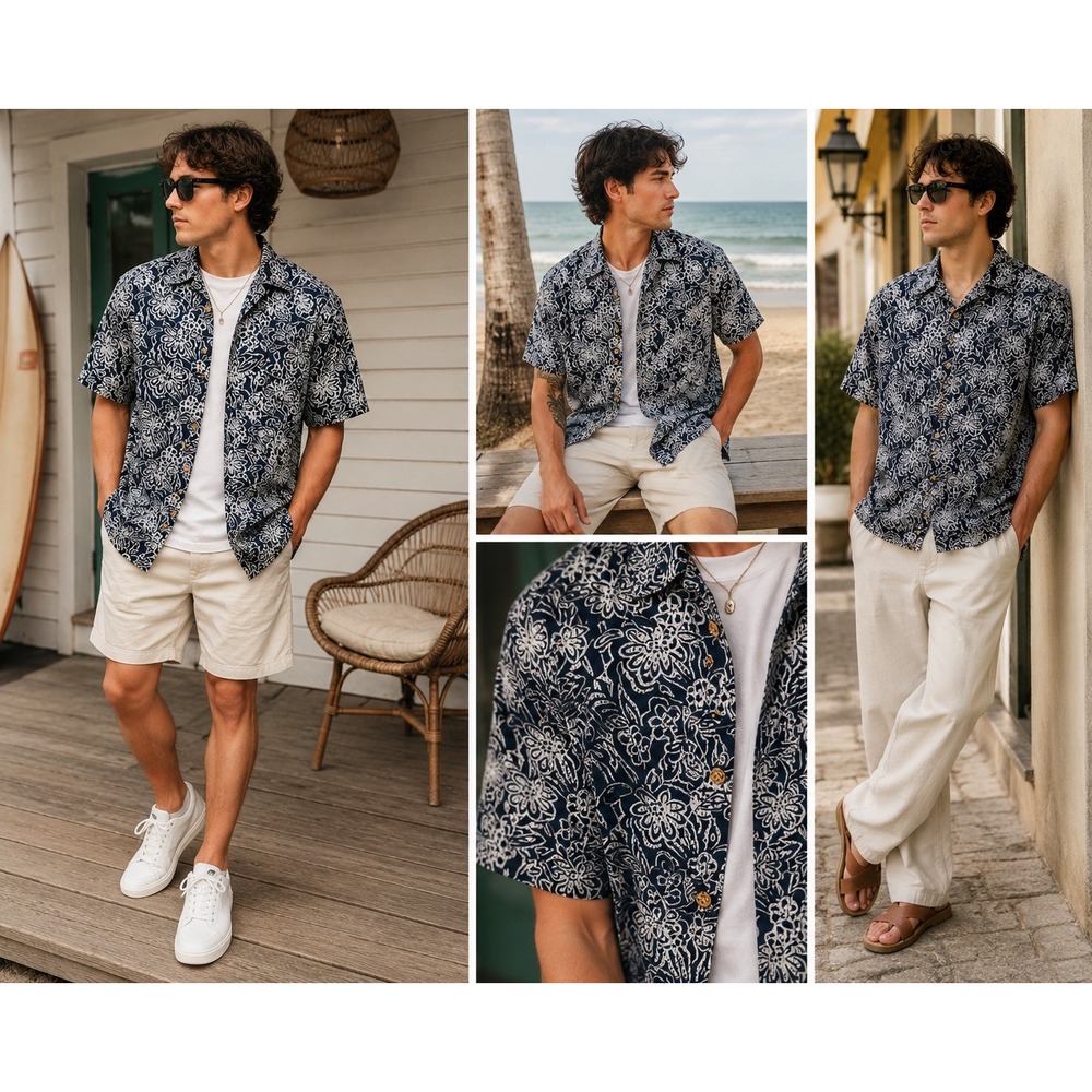 Tommy Hilfiger Surf Co Mens Navy Floral Batik Cotton Hawaiian Coastal Resort Sm